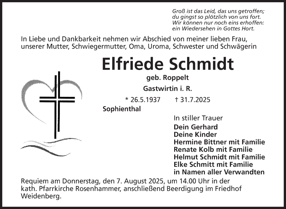 Traueranzeige für Elfriede Schmidt vom 05.08.2025 aus Nordbayerischer Kurier