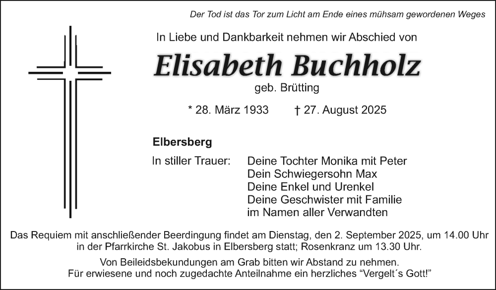  Traueranzeige für Elisabeth Buchholz vom 30.08.2025 aus Nordbayerischer Kurier