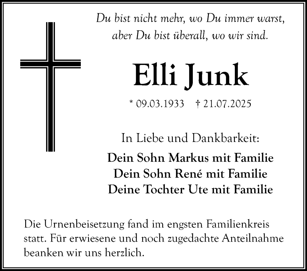  Traueranzeige für Elli Junk vom 13.08.2025 aus Nordbayerischer Kurier