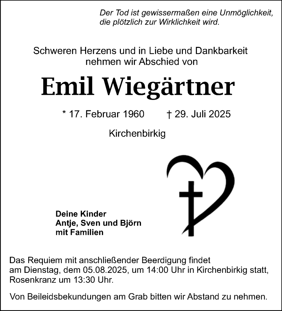  Traueranzeige für Emil Wiegärtner vom 02.08.2025 aus Nordbayerischer Kurier