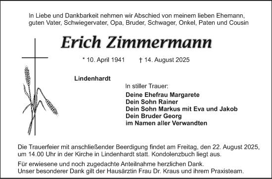 Anzeige von Erich Zimmermann von Nordbayerischer Kurier