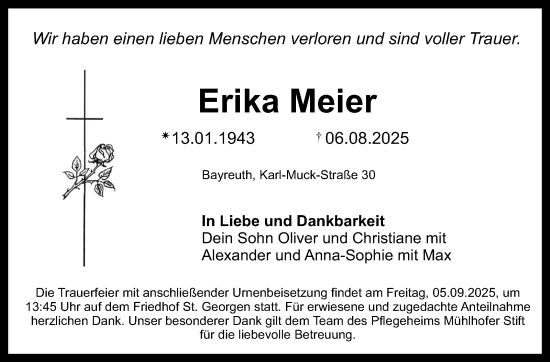 Anzeige von Erika Meier von Nordbayerischer Kurier