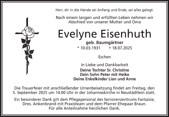 Anzeige von Evelyne Eisenhuth von Nordbayerischer Kurier