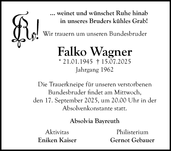 Anzeige von Falko Wagner von Nordbayerischer Kurier