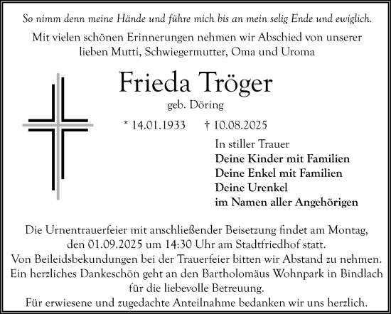 Anzeige von Frieda Tröger von Nordbayerischer Kurier