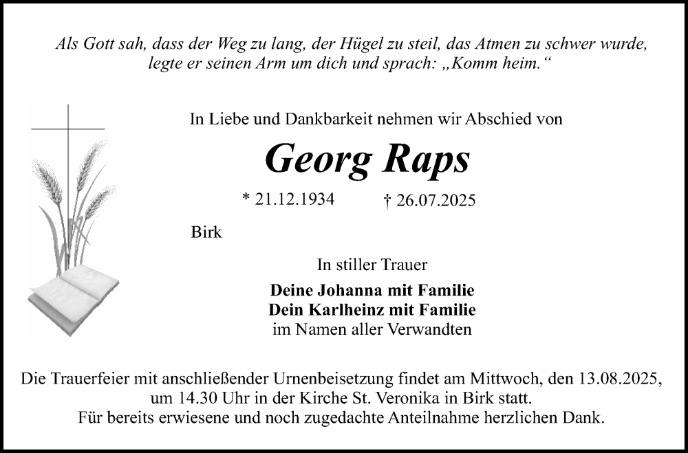  Traueranzeige für Georg Raps vom 12.08.2025 aus Nordbayerischer Kurier