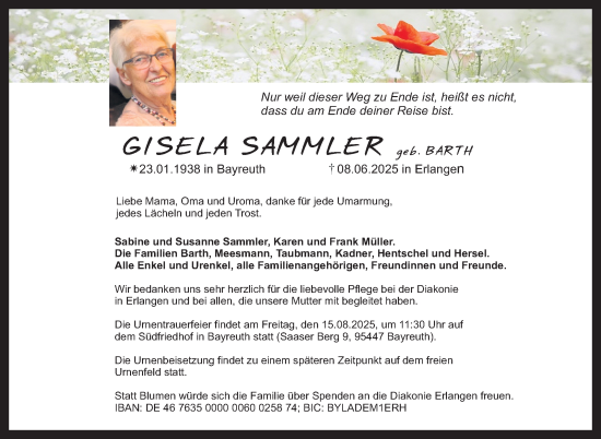 Anzeige von Gisela Sammler von Nordbayerischer Kurier