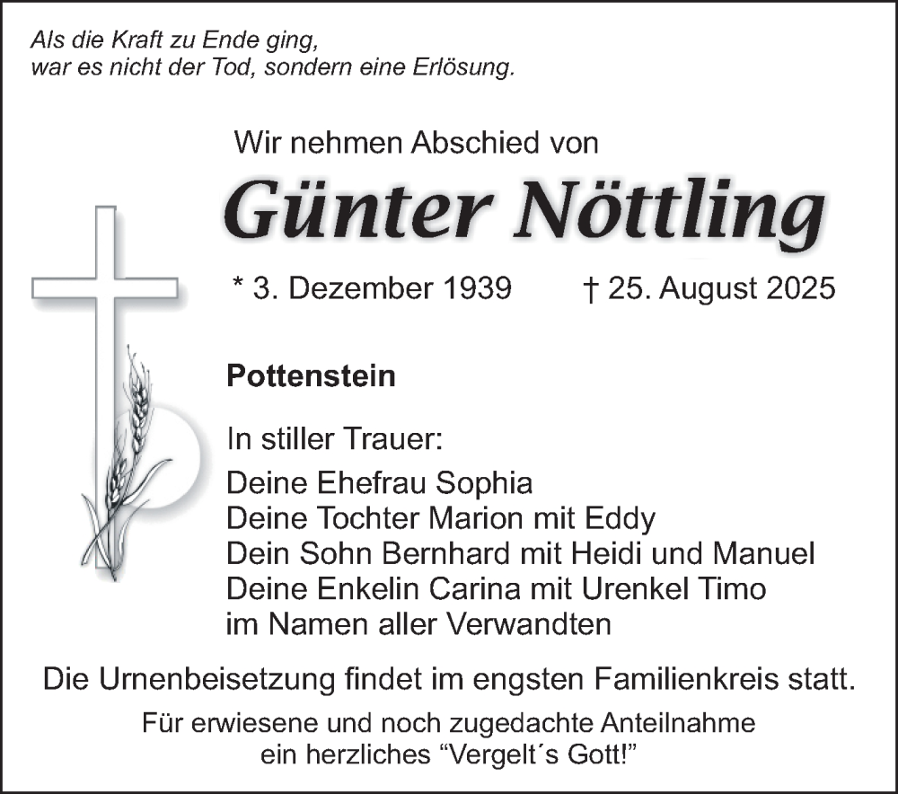  Traueranzeige für Günter Nöttling vom 30.08.2025 aus Nordbayerischer Kurier