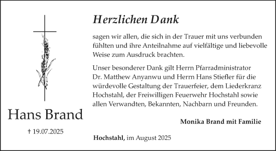 Anzeige von Hans Brand von Nordbayerischer Kurier