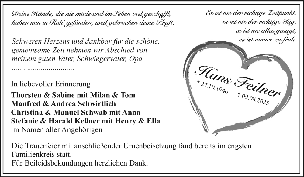  Traueranzeige für Hans Feilner vom 23.08.2025 aus Nordbayerischer Kurier