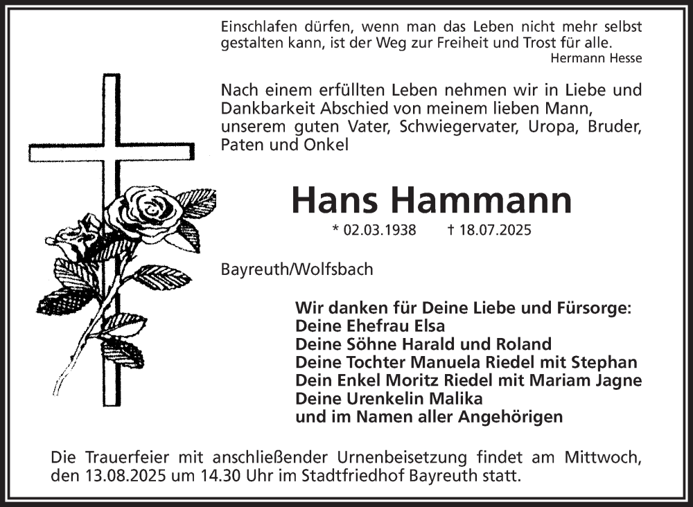  Traueranzeige für Hans Hammann vom 07.08.2025 aus Nordbayerischer Kurier