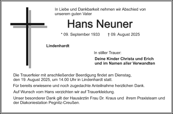 Anzeige von Hans Neuner von Nordbayerischer Kurier