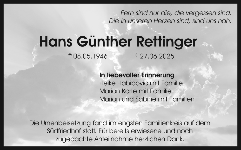 Traueranzeige für Hans Günther Rettinger vom 23.08.2025 aus Nordbayerischer Kurier