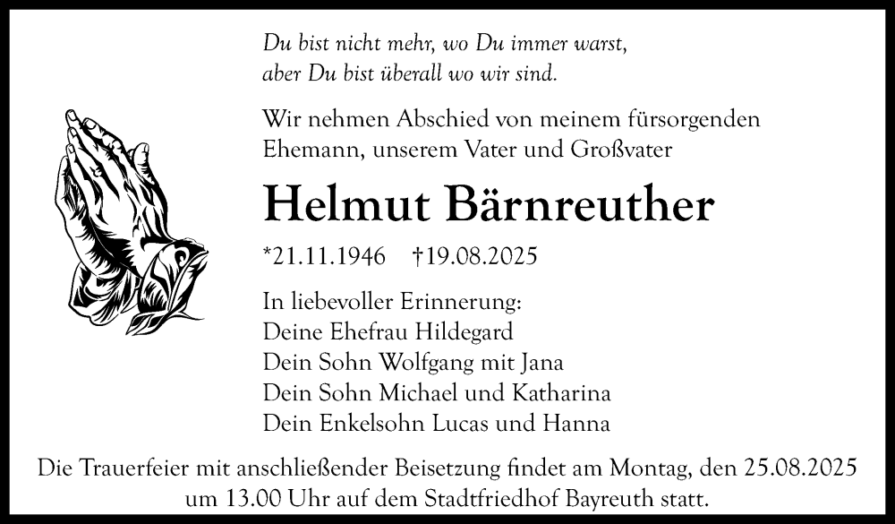  Traueranzeige für Helmut Bärnreuther vom 23.08.2025 aus Nordbayerischer Kurier