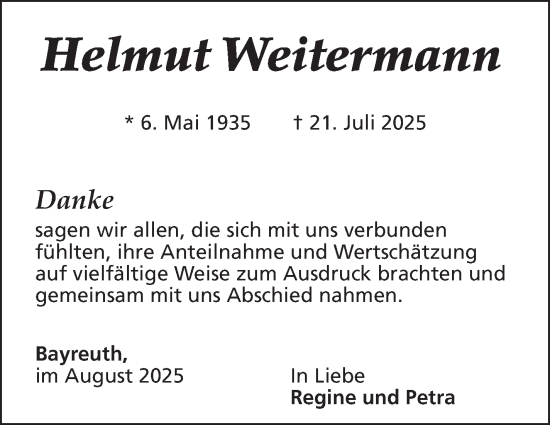 Anzeige von Helmut Weitermann von Nordbayerischer Kurier