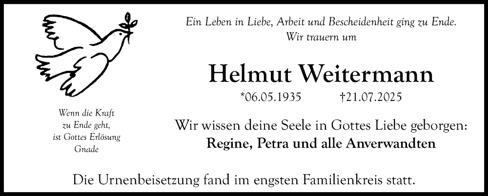  Traueranzeige für Helmut Weitermann vom 16.08.2025 aus Nordbayerischer Kurier