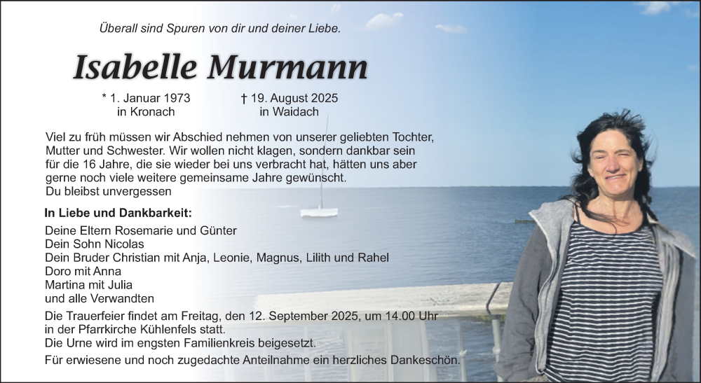  Traueranzeige für Isabelle Murmann vom 30.08.2025 aus Nordbayerischer Kurier