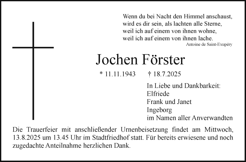  Traueranzeige für Jochen Förster vom 09.08.2025 aus Nordbayerischer Kurier