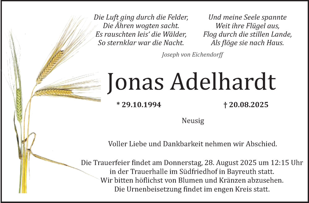 Traueranzeige für Jonas Adelhardt vom 23.08.2025 aus Nordbayerischer Kurier
