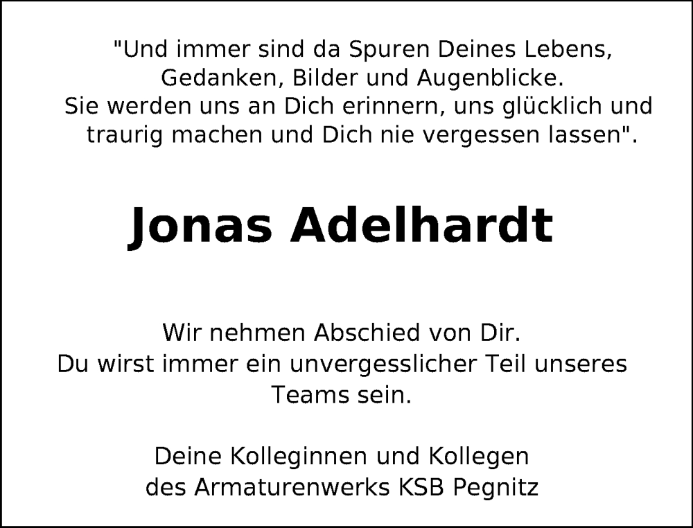  Traueranzeige für Jonas Adelhardt vom 27.08.2025 aus Nordbayerischer Kurier