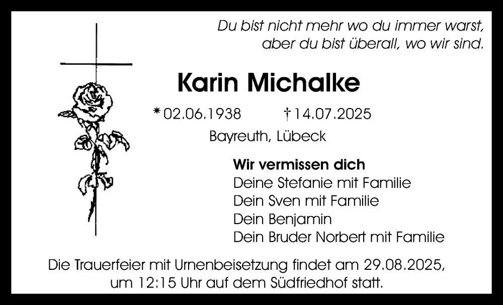  Traueranzeige für Karin Michaelke vom 23.08.2025 aus Nordbayerischer Kurier