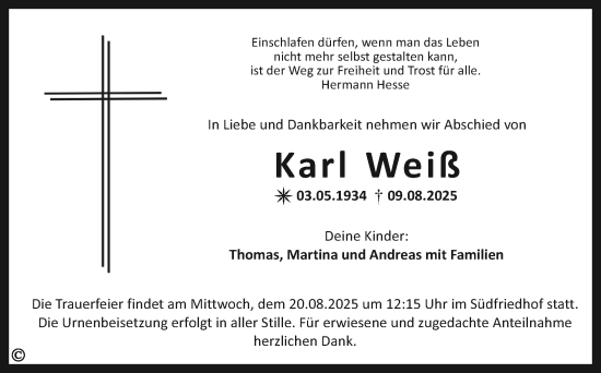 Anzeige von Karl Weiß von Nordbayerischer Kurier