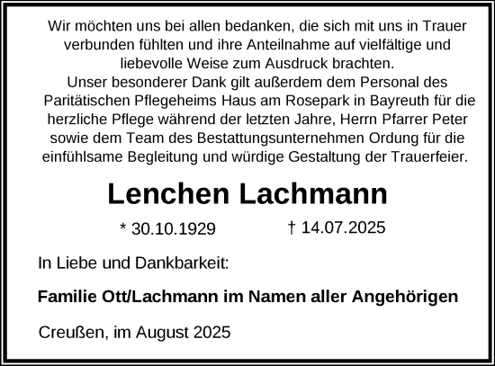 Anzeige von Lenchen Lachmann von Nordbayerischer Kurier