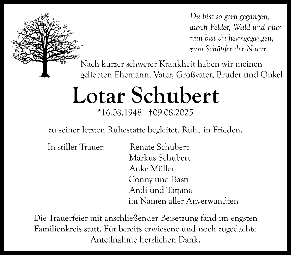  Traueranzeige für Lotar Schubert vom 23.08.2025 aus Nordbayerischer Kurier