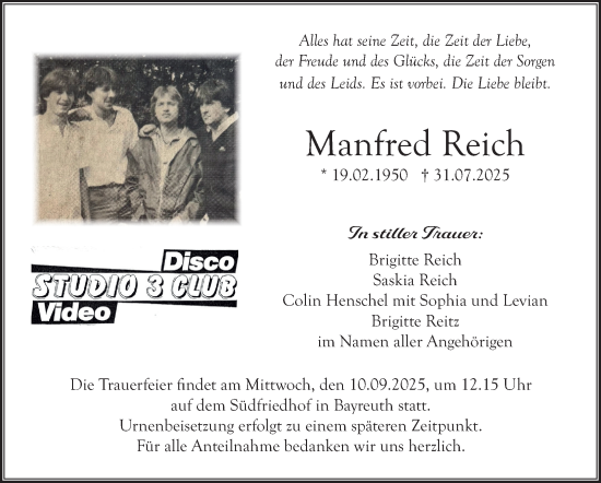 Anzeige von Manfred Reich von Nordbayerischer Kurier