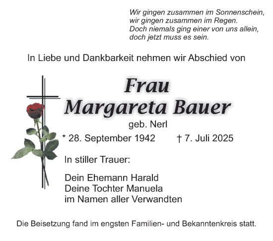 Anzeige von Margareta Bauer von Nordbayerischer Kurier