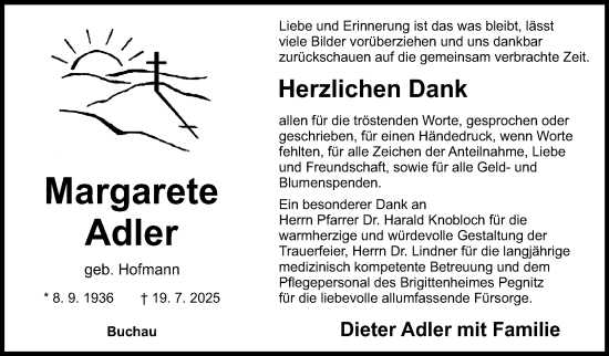 Anzeige von Margarete Adler von Nordbayerischer Kurier