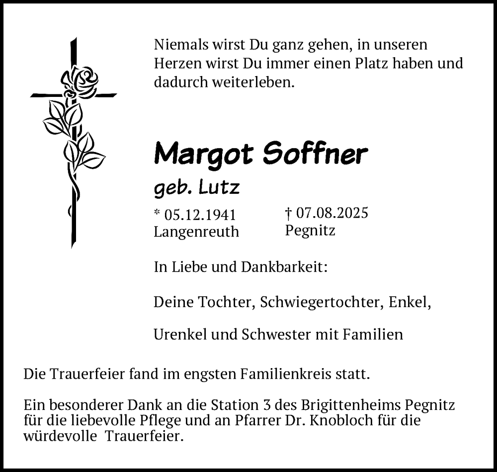  Traueranzeige für Margot Soffner vom 29.08.2025 aus Nordbayerischer Kurier