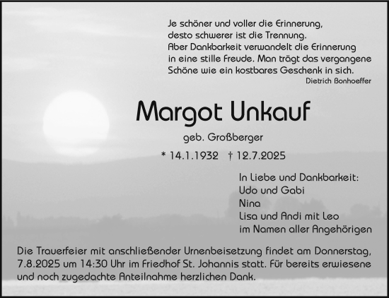 Anzeige von Margot Unkauf von Nordbayerischer Kurier