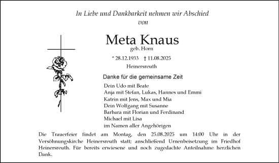 Anzeige von Meta Knaus von Nordbayerischer Kurier
