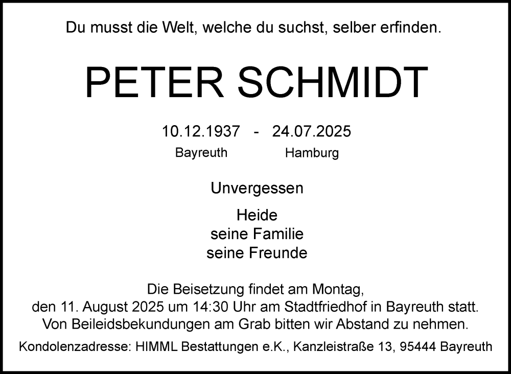  Traueranzeige für Peter Schmidt vom 02.08.2025 aus Nordbayerischer Kurier
