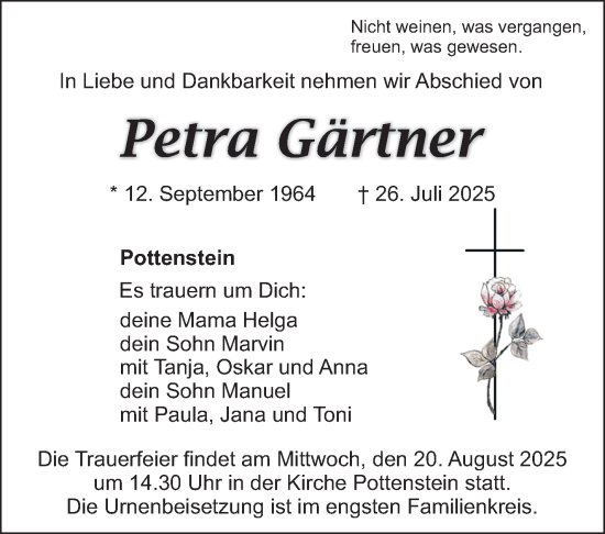 Anzeige von Petra Gärtner von Nordbayerischer Kurier