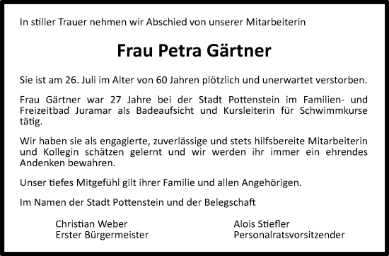 Anzeige von Petra Gärtner von Nordbayerischer Kurier