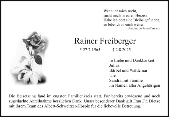 Anzeige von Rainer Freiberger von Nordbayerischer Kurier