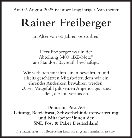 Anzeige von Rainer Freiberger von Nordbayerischer Kurier