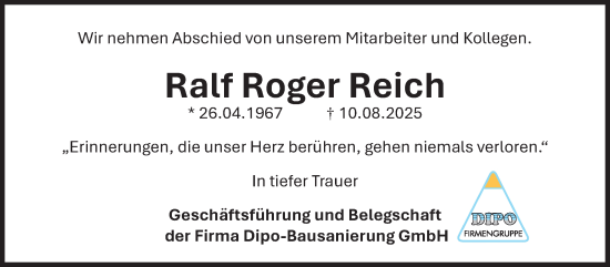 Anzeige von Ralf Roger Reich von Nordbayerischer Kurier