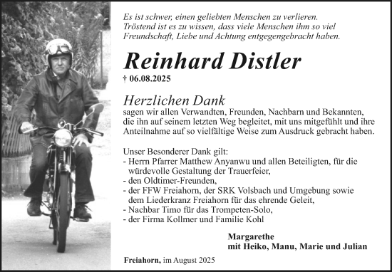 Anzeige von Reinhard Distler von Nordbayerischer Kurier