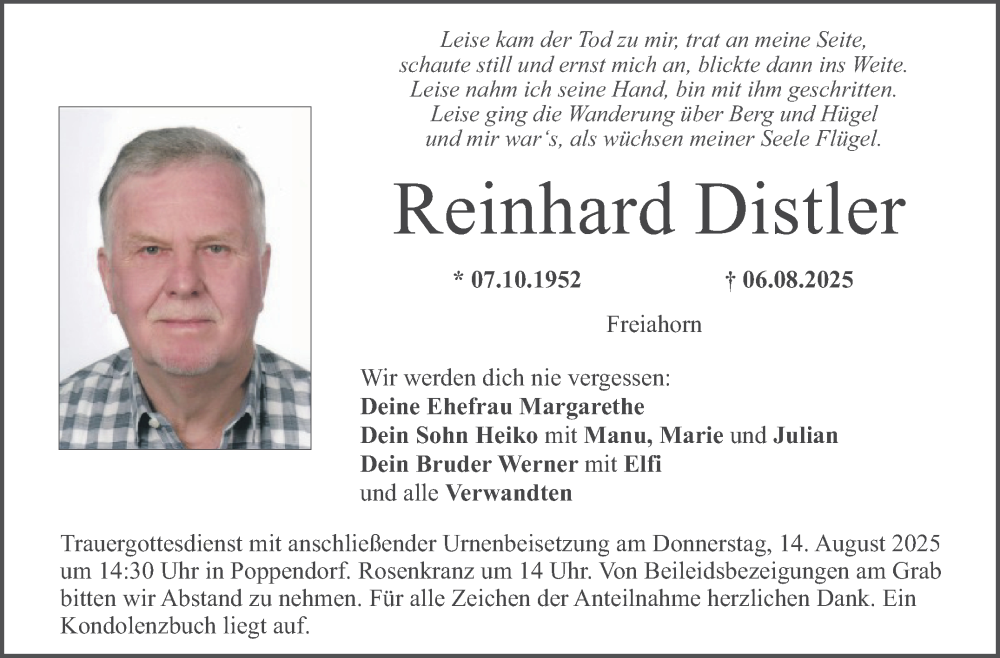  Traueranzeige für Reinhard Distler vom 09.08.2025 aus Nordbayerischer Kurier