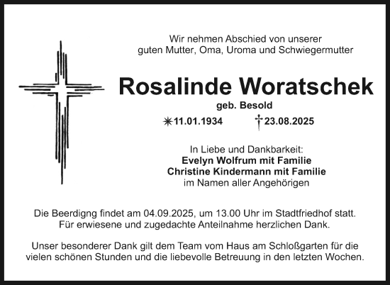 Anzeige von Rosalinde Woratschek von Nordbayerischer Kurier