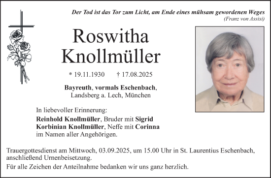 Anzeige von Roswitha Knollmüller von Nordbayerischer Kurier