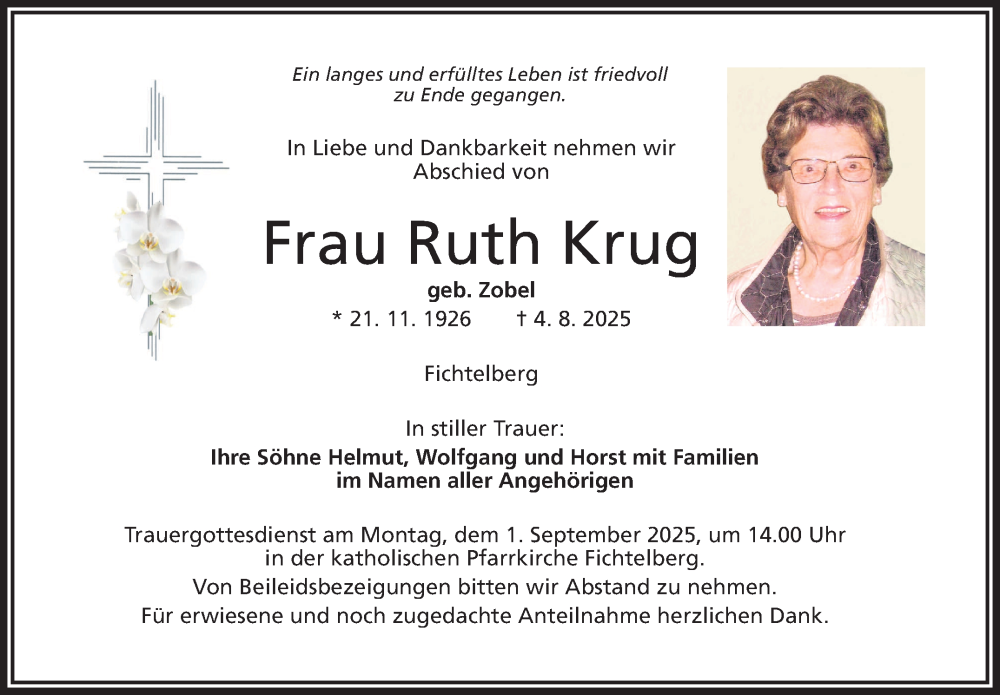  Traueranzeige für Ruth Krug vom 23.08.2025 aus Nordbayerischer Kurier