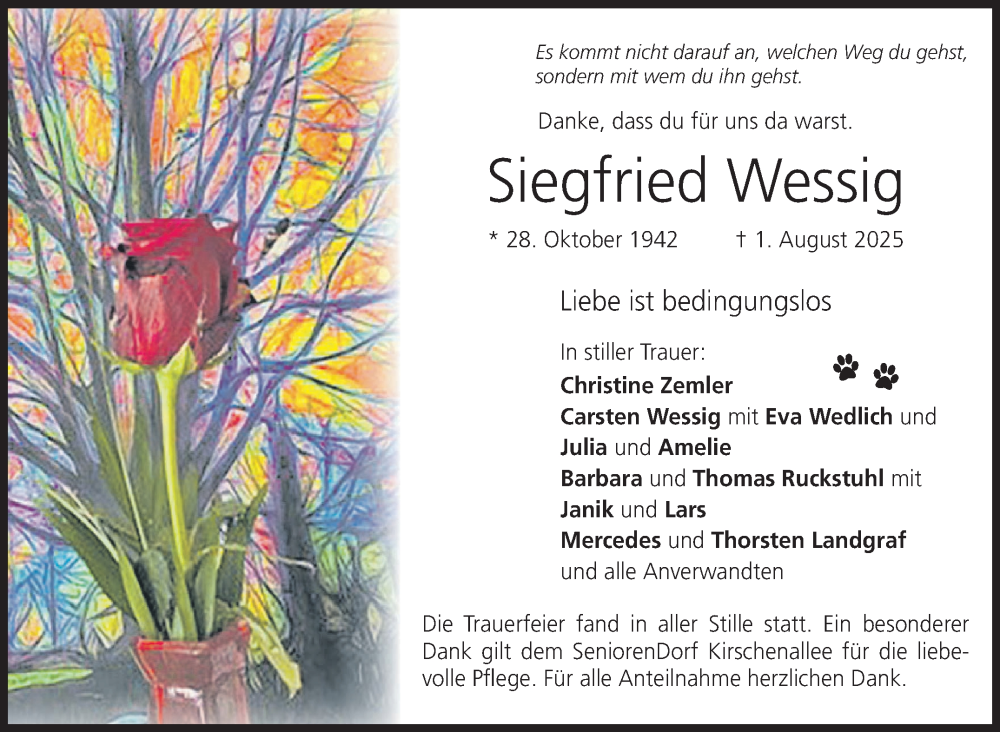  Traueranzeige für Siegfried Wessig vom 23.08.2025 aus Nordbayerischer Kurier