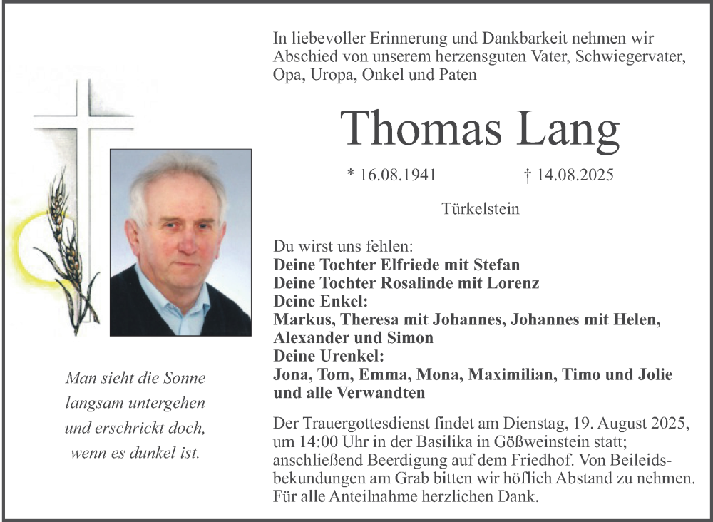  Traueranzeige für Thomas Lang vom 16.08.2025 aus Nordbayerischer Kurier