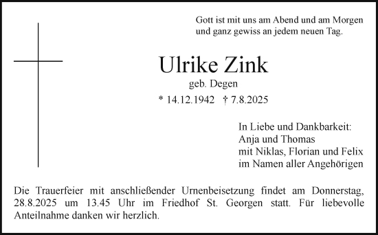Anzeige von Ulrike Zink von Nordbayerischer Kurier