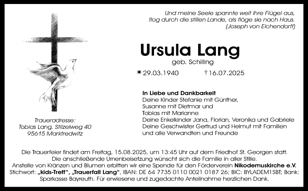  Traueranzeige für Ursula Lang vom 02.08.2025 aus Nordbayerischer Kurier