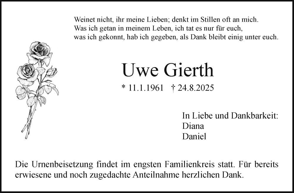  Traueranzeige für Uwe Gierth vom 30.08.2025 aus Nordbayerischer Kurier